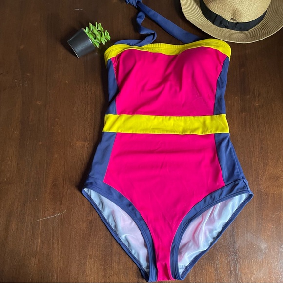 Boden Santorini Blue, Yellow & Cherry Pink Color Block One Piece Swimsuit 6 L - Picture 1 of 13